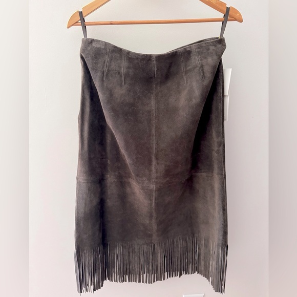 NWT Vintage MARGARET GODFREY Brown Washable Leather Suede Fringe Midi Skirt 10 - Picture 2 of 8